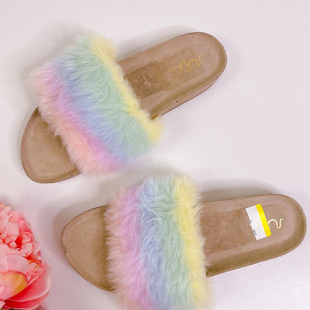 Sugar Bravoes Fuzzy Tie Dye Open Toe Slide Sandals Pastel Rainbow size 10 NEW - Picture 11 of 11